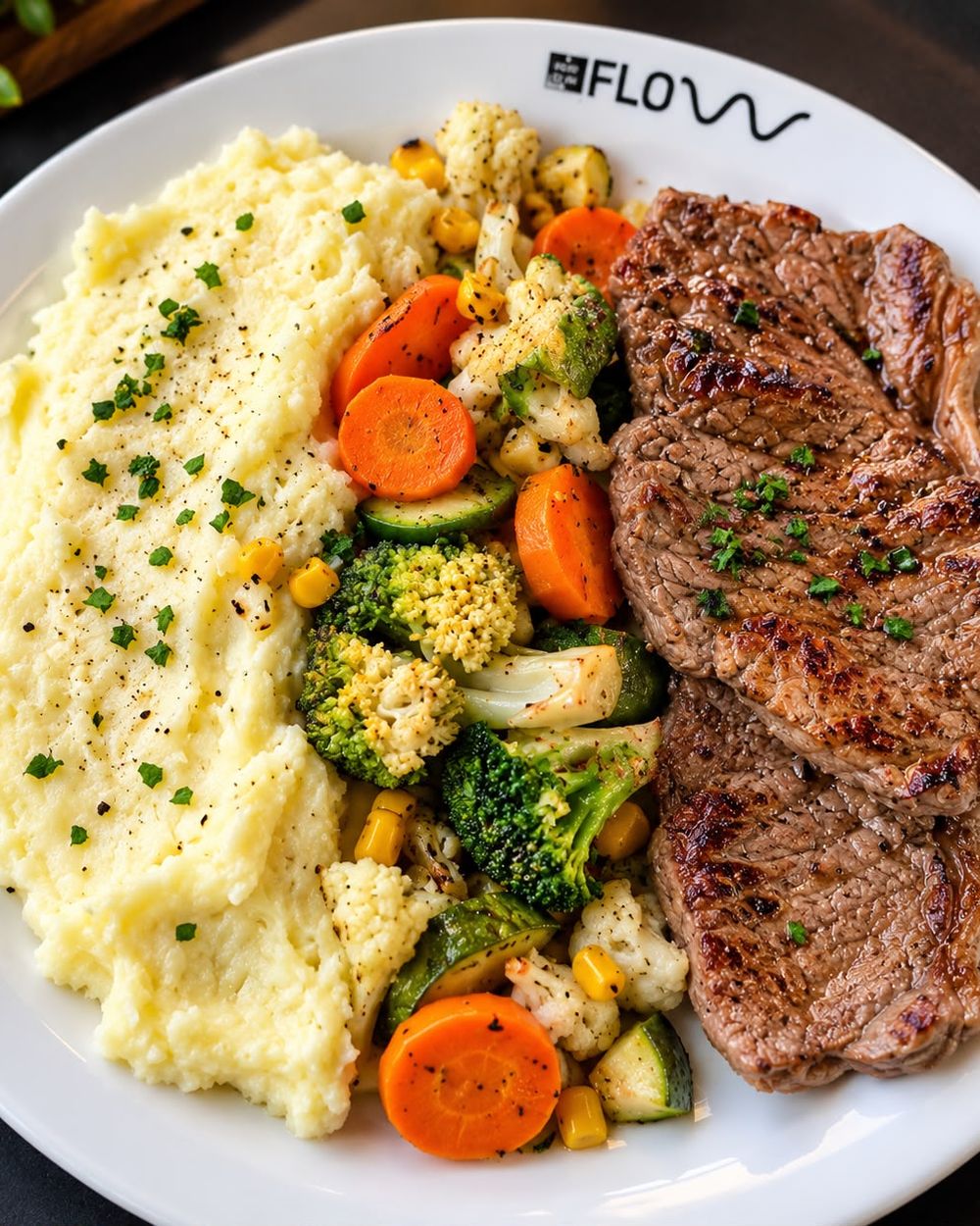 Bife grelhado com purê e legumes salteados em prato Flow